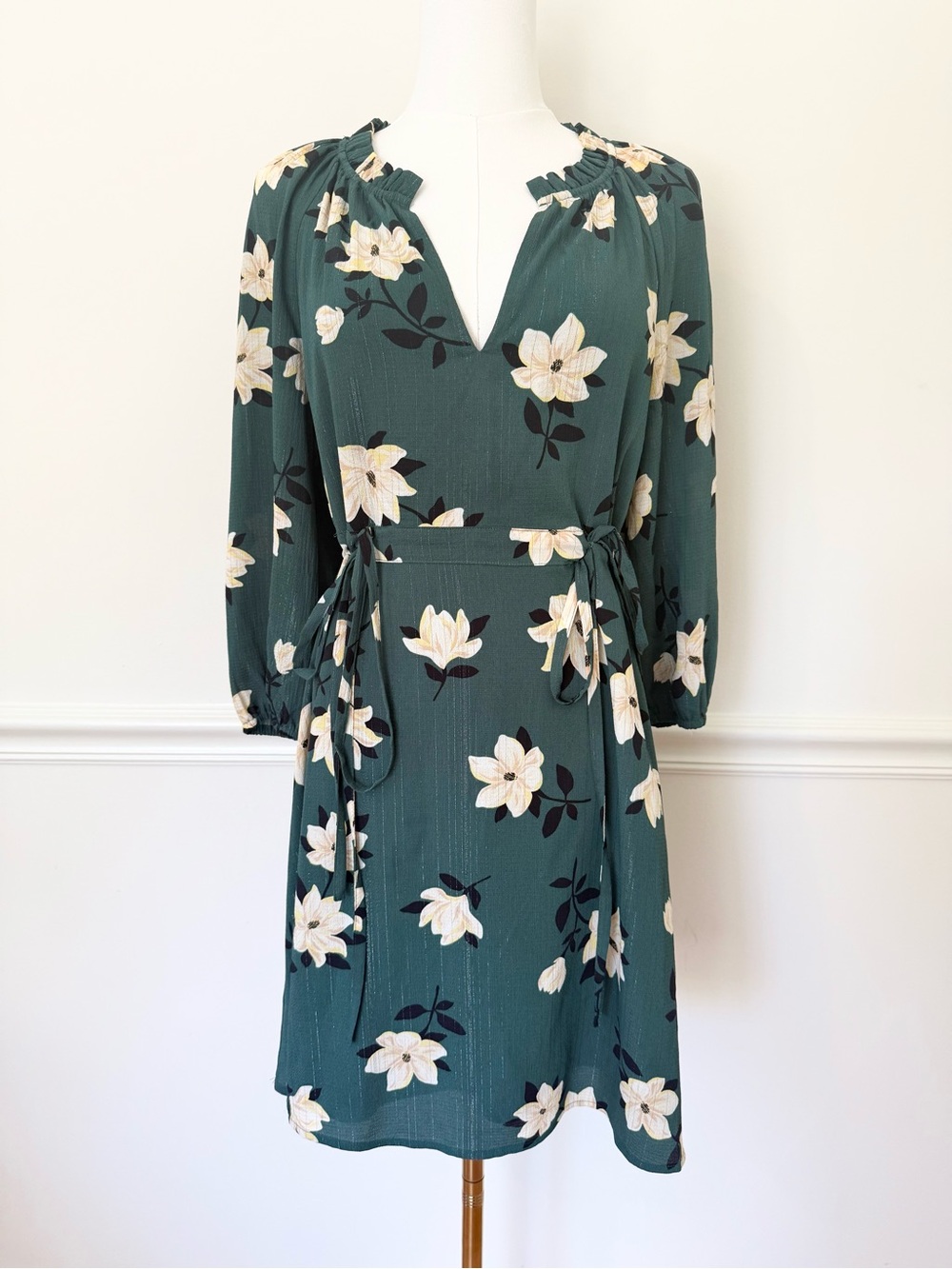Draper James Dark Teal Floral Tie-Waist Long Sleeve Dress - Picture 5 of 5